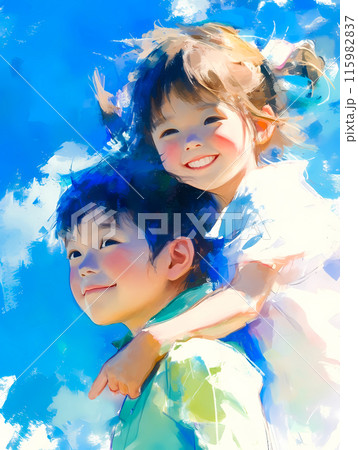 幼い妹をおんぶしている兄-1 115982837