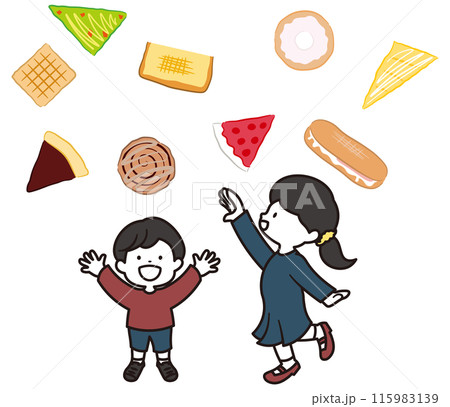 パンや焼き菓子を選んでいる男の子と女の子のイラスト素材 パンや焼き菓子を選んでいる男の子と女の子のイラスト素材 115983139