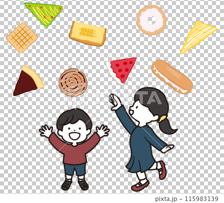 パンや焼き菓子を選んでいる男の子と女の子のイラスト素材 パンや焼き菓子を選んでいる男の子と女の子のイラスト素材 115983139