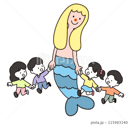 人魚のぬいぐるみと元気よく手を繋いで走っている男の子と女の子のイラスト素材 人魚のぬいぐるみと元気よく手を繋いで走っている男の子と女の子のイラスト素材 115983140