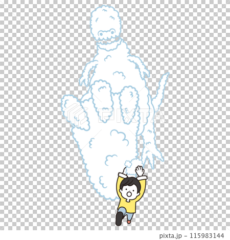 Illustration of a boy running while being chased by a foam dinosaur made while washing his hands Illustration of a boy running while being chased by a foam dinosaur made while washing his hands 115983144