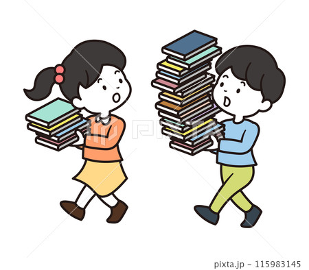 本を運んでいる図書係の男の子と女の子のイラスト素材 115983145