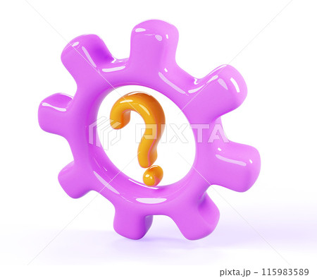 3d gear question mark isolated render icon. Concept of help and technical support service, settings, engineering or mechanical industry, search and solution of business problems. 3D illustration 115983589