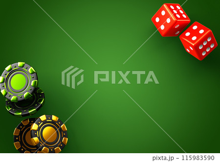 Poker game chips and dice on green casino table background. Gold and black gambling coin money tokens and red cubes 3d render icons. Backgammon or craps lucky die roll banner template. 3D illustration 115983590