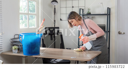 Professional Maid Cleaning Modern Home Office with Spray Bottle and Cloth for Housekeeping and Maintenance 115983722