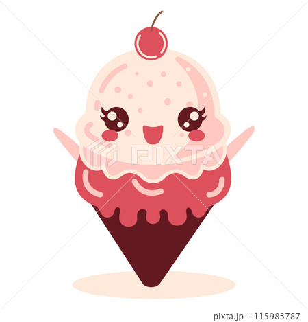 Vector Design of Cute Cherry Cone Ice Cream Cartoon Character with Happy Expression 115983787