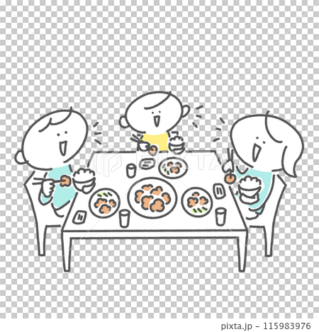 Family of three eating with smiles, family, meal, dining table 115983976