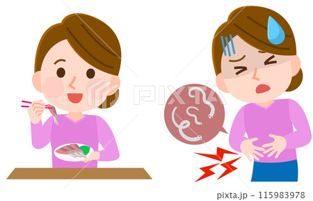 刺身についたアニサキスを食べて腹痛に苦しむ女性 イラスト 刺身についたアニサキスを食べて腹痛に苦しむ女性 イラスト 115983978