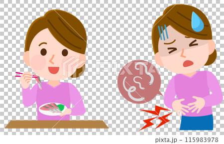 刺身についたアニサキスを食べて腹痛に苦しむ女性 イラスト 刺身についたアニサキスを食べて腹痛に苦しむ女性 イラスト 115983978