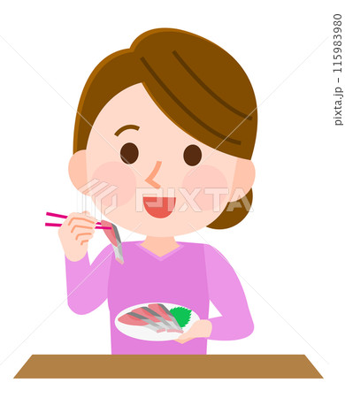 刺身をおいしそうに食べる女性　イラスト 115983980