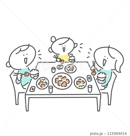 笑顔で食事をする3人家族　だんらん　食事　食卓 115984014