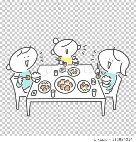 Family of three eating with smiles, family, meal, dining table 115984014