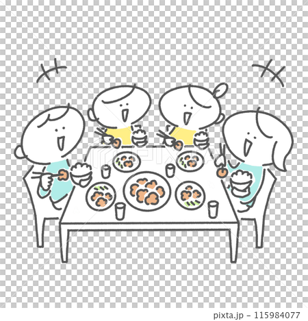 A family of four eating with smiles - hand-drawn illustration 115984077