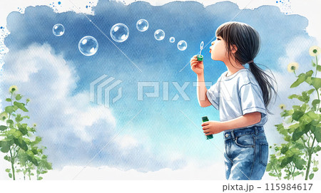 シャボン玉で遊ぶ少女と夏空 シャボン玉で遊ぶ少女と夏空 115984617
