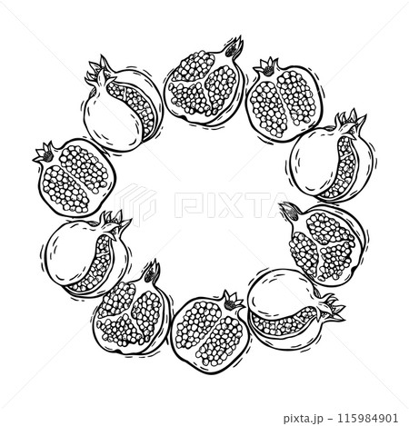 Wreath of detailed bursting pomegranates and pomegranate halves. Vector botanical illustration in graphic style, for invitations, greeting cards, logos, food and cosmetics packaging, home decor Wreath of detailed bursting pomegranates and pomegranate halves. Vector botanical illustration in graphic style, for invitations, greeting cards, logos, food and cosmetics packaging, home decor 115984901