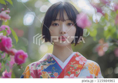 花に包まれた着物姿の日本人女性 花に包まれた着物姿の日本人女性 115984961