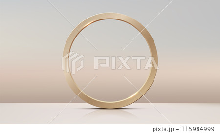 Luxury Gold Circle Ring on White Table in Sky Background for Product Display, Mockup, Showroom, Showcase, Nature Concept 115984999