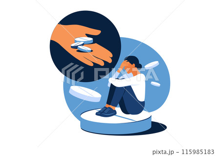 Concept of medication treating illness or disorder. Concept of antidepressants. Depressed woman is sitting on big pill. Medicine. Flat. Vector illustration. 115985183