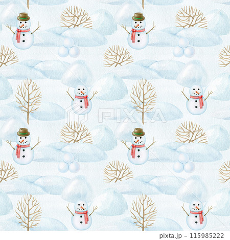 Christmas season snowman in the park seamless pattern. Snowman, snow, bushes, winter landscape on blue background. Traditional vintage style gift wrap design. Painted watercolor digital paper element Christmas season snowman in the park seamless pattern. Snowman, snow, bushes, winter landscape on blue background. Traditional vintage style gift wrap design. Painted watercolor digital paper element 115985222