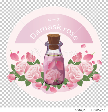 Rose and rose essential oil bottle, aromatic plant, aroma Rose and rose essential oil bottle, aromatic plant, aroma 115985243