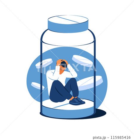 Concept of antidepressants. Depressed man is sitting trapped in a pill bottle. Medicine. Addiction. Flat. Vector illustration. 115985416