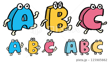 青と黄色とピンクのABCのアルファベットキャラ素材 115985662