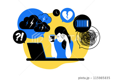 Woman in depression with bewildered thoughts in her mind. Young sad girl sitting at laptop. Vector illustration. Flat. Woman in depression with bewildered thoughts in her mind. Young sad girl sitting at laptop. Vector illustration. Flat. 115985835