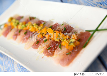 FISH CEVICHE RECIPE, SEA BREAM AND TUNA, AVOCADO, BELL PEPPER, CHILLI, CHIVES, LEMON, OLIVE OIL 115985983