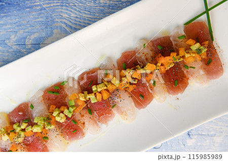 FISH CEVICHE RECIPE, SEA BREAM AND TUNA, AVOCADO, BELL PEPPER, CHILLI, CHIVES, LEMON, OLIVE OIL 115985989