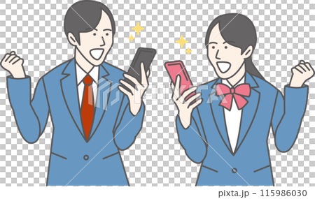 Male and female students in uniforms holding smartphones and making fist pumps 115986030