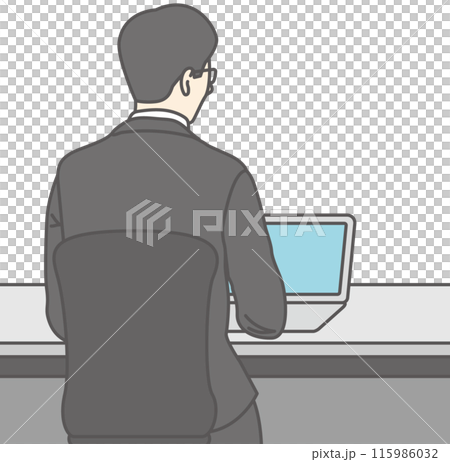 使用筆記型電腦在辦公桌前工作的男子的後視圖 115986032