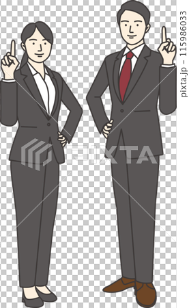 圖:穿著西裝的男人和女人微笑著,舉起食指指向前方 圖:穿著西裝的男人和女人微笑著,舉起食指指向前方 115986033