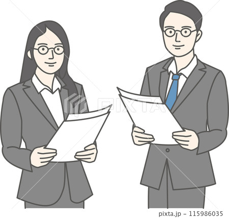 ビジネススーツを着た男女が書類を持って立っているイラスト 115986035