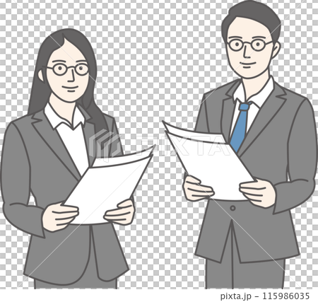 ビジネススーツを着た男女が書類を持って立っているイラスト 115986035