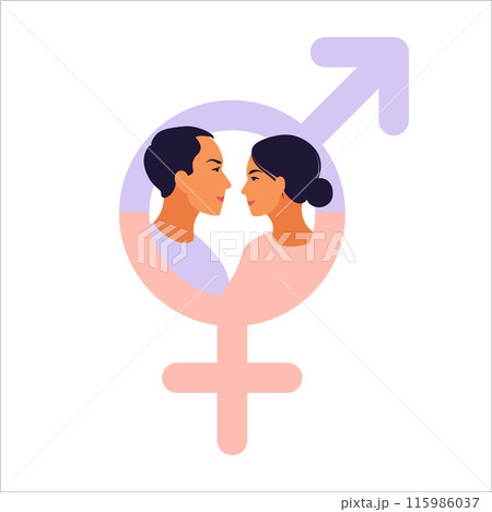 Gender equality concept. Men and women character on the scales for gender equality. Vector illustration. Flat. 115986037