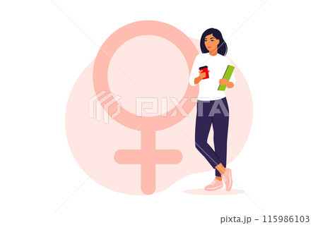 Woman symbol. A woman stands next to a gender icon. Vector illustration. Flat. Woman symbol. A woman stands next to a gender icon. Vector illustration. Flat. 115986103