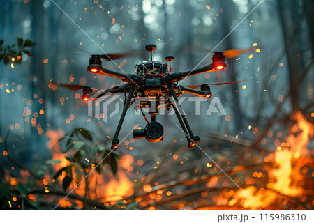 Drone monitors a forest fire during extinguishing Drone monitors a forest fire during extinguishing 115986310