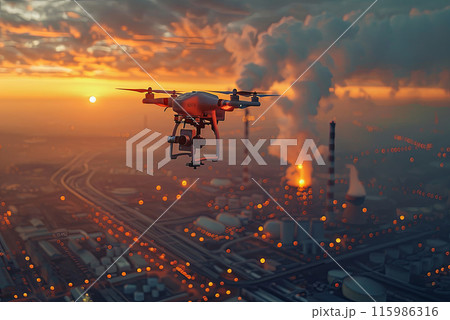 Drone flies over an industrial area to check and monitor the operation of the enterprise at sunset 115986316