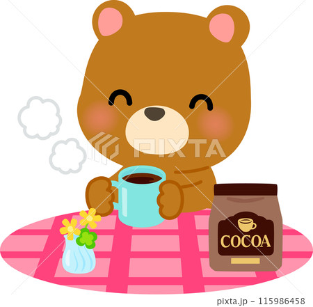 テーブルでココアを飲むクマのキャラクターのイラスト素材 [115986458