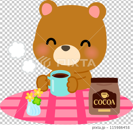 テーブルでココアを飲むクマのキャラクター 115986458