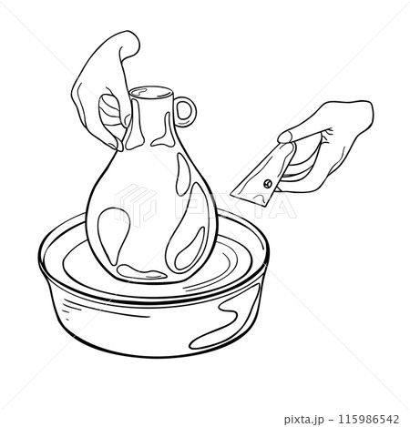 Women's hands using pottery tools for making clay pot ink silhouette hand drawn vector. Ceramic vase on pottery wheel in graphic black white outline. Making ceramic jug for clay modeling class 115986542