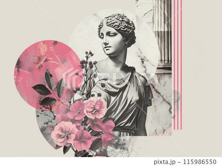 Halftone vintage roman collage. Ancient greek retro art with sculpture element. Abstract monument 115986550