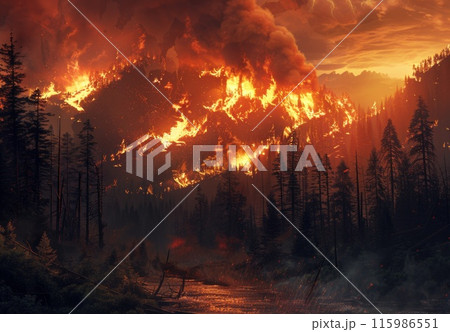 Forest at fire. Burning tree disaster. Global warming problem. Flame and smoke in mountain. Bushfire danger. Wildfire destruction of nature 115986551