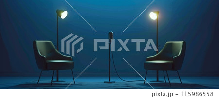 Podcast studio. Professional media equipment. Sound record technology. Creative recording empty workspace. Live radio broadcast with audio microphone. Broadcasting room with chair and armchair 115986558