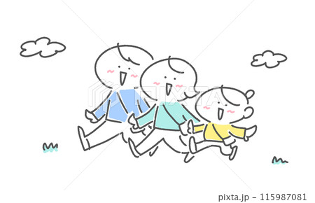 笑顔でお出かけする3人家族 手描きイラストのイラスト素材 [115987081
