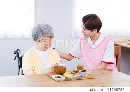 介護　食欲がないシニア女性を心配する介護士 115987264