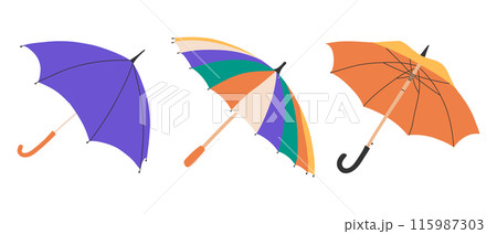 Set of Umbrella in flat style isolated on white background. Umbrella season. Hand drawn open umbrella. Vector illustration. 115987303