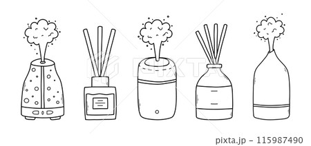 Set of aroma diffusers in doodle style. Collection of linear diffusers isolated on a white background. Vector illustration. Set of aroma diffusers in doodle style. Collection of linear diffusers isolated on a white background. Vector illustration. 115987490