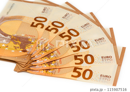 50 euro bills spread out in the shape of a fan. Isolated on white background. 1 50 euro bills spread out in the shape of a fan. Isolated on white background. 1 115987516