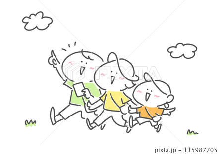 笑顔でお出かけする3人家族　半袖　指差し 115987705